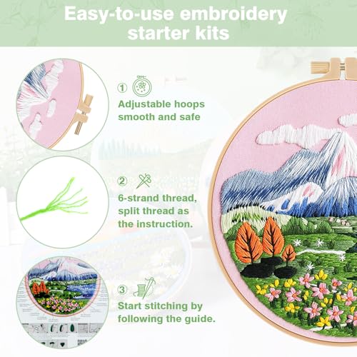 RidaaFri Embroidery Kit for Beginner, Set of 3 Floral Mount Sunshine Pattern DIY Kits for Adults & Starter, Hand Embroidery Practice Set with Step-by-Step Video Tutorial, Includes Hoop, Needles, Floss