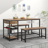 Dining Table Set for 4-6 People, 54.7" Kitchen Dinner Table with 2 Bench, Dining Room Tables Set with Storage Drawer & Shelf, 3-Piece Breakfast Nook Tables with Wine Rack &Glass Holder (Rustic) Gyfimoie