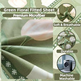 SDIII Green Floral Twin Bed Fitted Sheet with 2 Pillowcases, Not Including Flat Sheet, Soft Microfiber Rabbit and Floral Bed Fitted Sheets Twin Size SDIII
