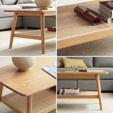 Vadisun Modern Solid Wood Coffee Table - Mid-Century Center Table with Natural Rattan Storage Shelf, 2-Tier Rectangular Coffee Table for Living Room, Cafe, Easy Assembly Vadisun