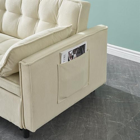 PBOGHLRD Modern Corduroy Loveseat Futon Sofa Couch with Pullout Bed, Small Lounge Sofa with Reclining Backrest, Folding Sleeper Sofa Bed for Living Room, Bedroom, Office, Apartment (Beige) PBOGHLRD