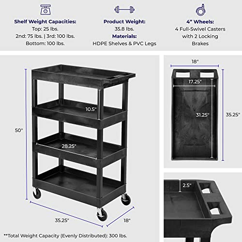 Stand Steady Tubstr 4 Shelf Utility Cart Supports Up to 300 lbs - Heavy-Duty Plastic Service Push Cart with Deep Shelves and 4" Casters, for Offices, Stand Steady