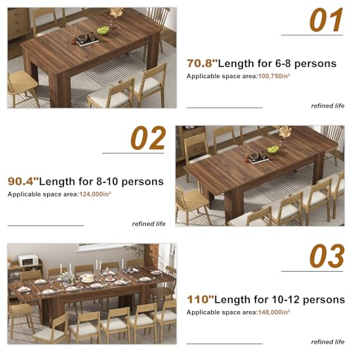 70.8"-110" Extendable Dining Table for 6-12 Person, Wooden Dining Room Table, Modern Extendable Table for Gatherings, Meeting for Small Kitchens, Dining Office Areas(Walnut) Fingertip WD