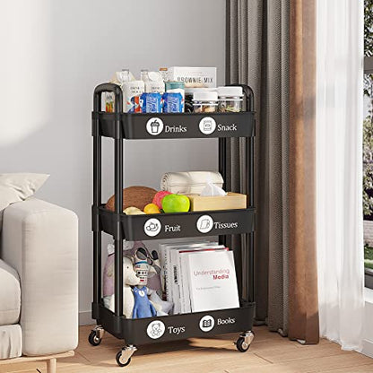 UDEAR 3-Tier Rolling Utility Cart with 12 Category Labels,Multifunctional Comagtable Rolling Shelving with Handle and Lockable Wheels for - WoodArtSupply