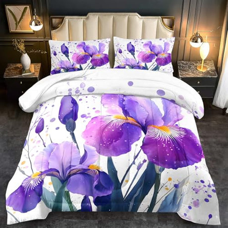 llyxsesty Purple Floral Comforter Set King Size Woman,Purple Iris Comforter for Girls,Pink Flower Bedding Set King Bedroom Decor,Floral Bedding Quilt Bed Decor Pink for Kids and Adults llyxsesty