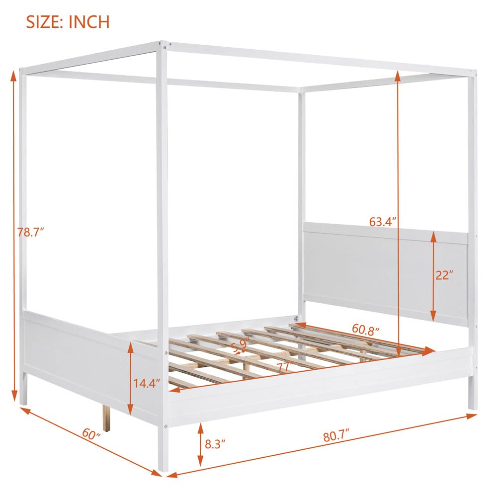 Yone jx je Queen Size Canopy Platform Bed with Headboard and Footboard,Slat Support Leg - White