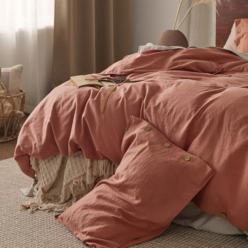 Bedsure Linen Duvet Cover King - Linen Cotton Blend Bedding Set, Soft & Cozy, 3 Pieces, 1 Duvet Cover 104x90 Inches and 2 Pillowcases, Burnt Orange Color Cooling Bedding, Comforter Sold Separately Bedsure