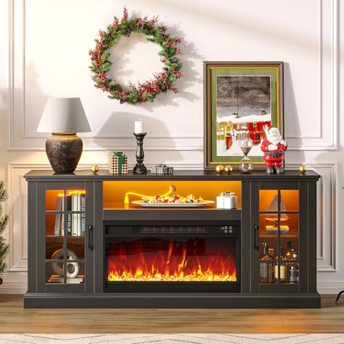 Rolanstar Fireplace TV Stand with Led and Power Outlets, Black Entertainment Center with 26" Electric Fireplace for 45/50/55/60/65 inch TVs, Modern TV Console with Storage Cabinet for Living Room Rolanstar