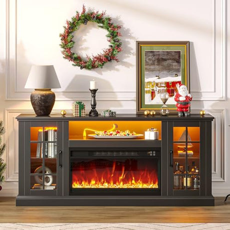 Rolanstar Fireplace TV Stand with Led and Power Outlets, Black Entertainment Center with 26" Electric Fireplace for 45/50/55/60/65 inch TVs, Modern TV Console with Storage Cabinet for Living Room Rolanstar