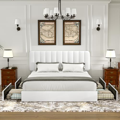 VECELO Full Size Upholstered Bed Frame with 4 Drawers and Headboard, Velvet Platform Storage Bedframe, Wooden Slats Support, No Box Spring Needed,White VECELO