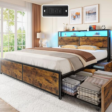 Rolanstar Queen Bed Frame with 4 Storage Drawers, Charging Station and LED Lights, Metal Platform Bed with 2-Tier Storage Headboard, No Box Spring Needed, Easy Assembly, Noise-Free, Rustic Brown Rolanstar