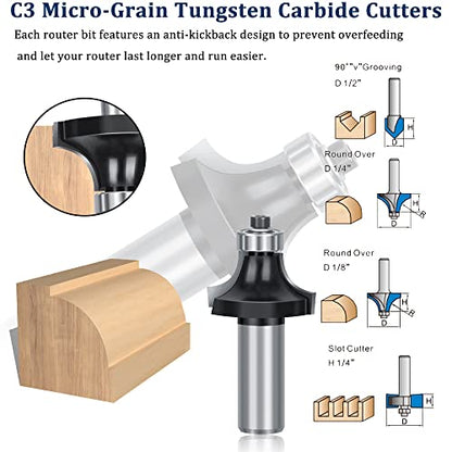 TAIWAIN Router Bit 1/2 Inch Shank Router Bits Tool Set 43 Pack Adjustable Wood Panel Drawer Door Milling Cutter, Miter Bit for Router Table/Base Router(F-45 Degree) - WoodArtSupply