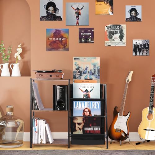 HYCFYJR Record Player Stand, 3-Tier Vinyl Record Storage, Turntable Stand with Now Playing Holder, Vinyl Display for Living Room, Rustic Brown HYCFYJR