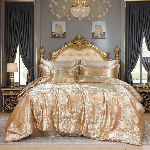 King Size 8-Piece Jacquard Comforter Set with Satin Sheets Set – Elegant Coordinated Bedding Collection for Bedroom Gold Bed-in-a-Bag Bedding_Dreamer