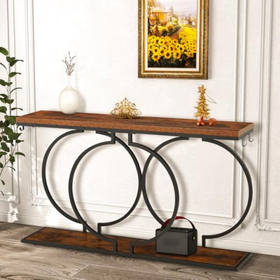 UPHYB 55'' Narrow Console Table, Industrial Entryway Table with Storage Shelves, O-Shaped Circle Metal Frame, Wood Accent Tables for Living Room, Hallway, Foyer, Entrance, Rustic Brown