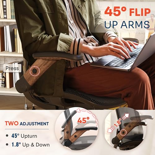 GABRYLLY Ergonomic Office Chair, High Back Home Desk Chair with Headrest, Flip-Up Arms, 90-120° Tilt Lock and Wide Cushion, Big and Tall Mesh Chairs for Man Woman, Black Task Chair(Dark Woodgrain) GABRYLLY