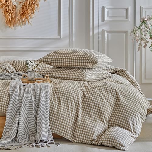DuShow Grid King Duvet Cover Set - Tan Gingham Washed Microfiber Comforter Cover Set, 3 Pieces Plaid Checkered Soft Reversible Bedding Set(Tan,King) DuShow
