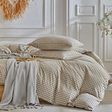 DuShow Grid King Duvet Cover Set - Tan Gingham Washed Microfiber Comforter Cover Set, 3 Pieces Plaid Checkered Soft Reversible Bedding Set(Tan,King) DuShow