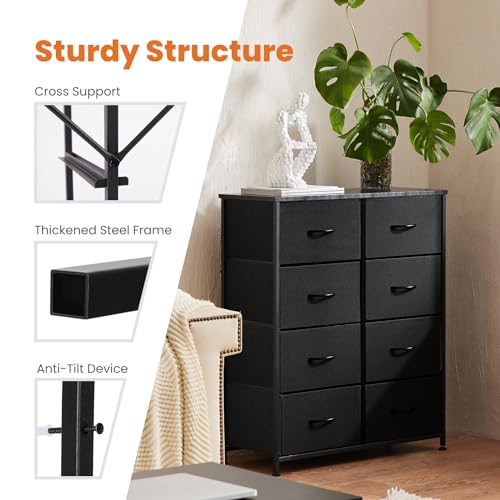Sweetcrispy Dresser for Bedroom with 8 Storage Drawers, Tall Large Fabric Storage Tower Organizer, Chest of Drawers with Metal Frame Wooden Top for Nursery, Closet, Living Room, Entryway, Black Sweetcrispy