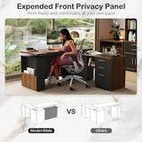 ModernMate 63" Standing Desk with File Cabinet, Privacy Panel, AC/USB, 1.18" Desktop, Executive L Shaped Height Adjustable Electric Stand Up Desk, Home Office Table with 3 Drawers, Black Walnut ModernMate