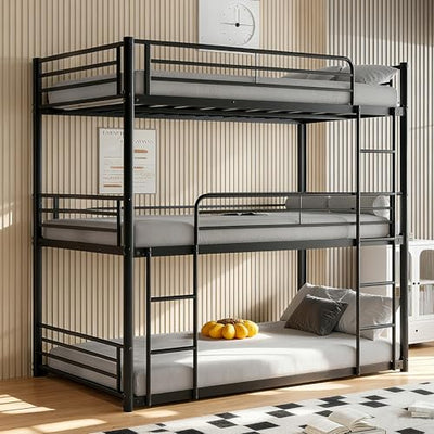 NKISHECK Triple Bunk Beds, 3 Bunk Bed Twin Over Twin Over Twin with 2 Ladders, Metal Frame with Guardrails,Heavy Duty Triple Bed Frame for Teenagers/Adults Bedroom, No Box Spring Needed