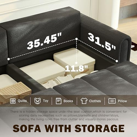 LuxyHoom 90.2" Futon Sofa Bed King, 3-in-1 Teddy Convertible L-Shaped Sofa, Upholstered Loveseat Couches, Pull Out Couch Bed Small Spaces, Deep Seat, Storage for Living Room, Apartment, Black LuxyHoom