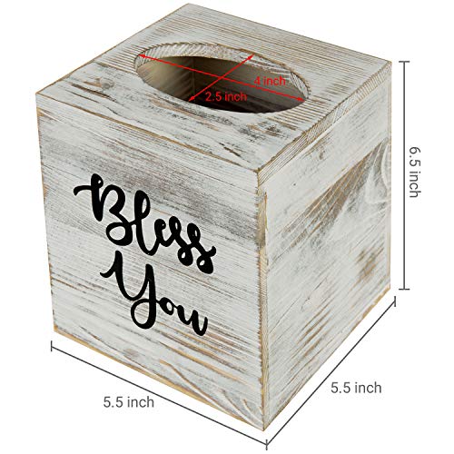 MyGift White Washed Solid Wood Square Tissue Box Cover Holder Decorative Tissue Dispenser Bath Decor with Bless You Design and Easy Refill Slide Out Bottom