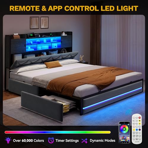 DWVO Queen Size Bed Frame with RGB LED Lights & Storage Bookcase Headboard, Upholstered Bed with Charging Station and 4 Drawers, No Box Spring Needed, Easy Assembly, Noise-Free, Velvet Grey DWVO