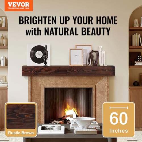VEVOR Fireplace Mantel, 60" x 8" x 6", 50 lbs Weight Capacity, Natural Wood Mantel for Over Fireplace, Wall Mounted Floating Farmhouse Shelf, Handcrafted Fireplace Mantel for Wall Decor, Rustic Brown VEVOR