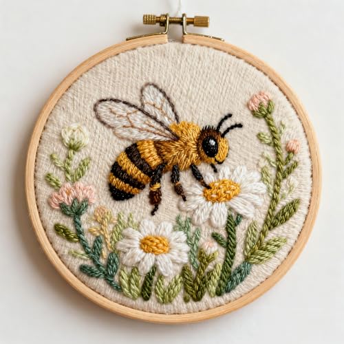 DIY Punch Needle Kits Yellow Bee in Flowers Easy for Beginners Embroidery Starter Set with Hoop Stress Relief Craft Hobby and Home Decor 20x20cm-3