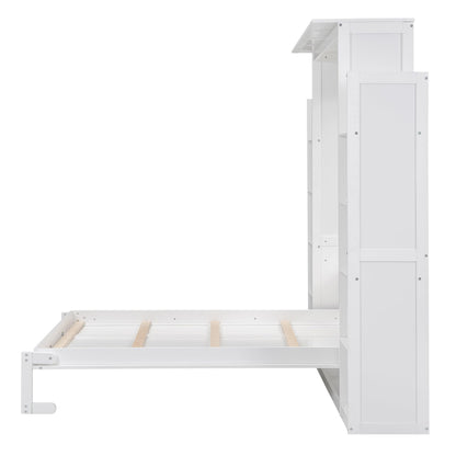 SOFTSEA Full-Size Murphy Bed Wardrobe with Shelves & LED Lights, Space-Saving Wood Frame in White - WoodArtSupply