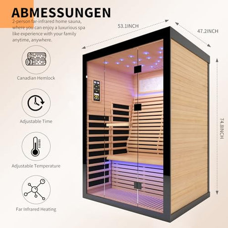 RIGO 2 Person Infrared Sauna for Home - Canadian Hemlock Luxury Spa with Exclusive Star Sky Roof & Oxygen Bar, 7 Low EMF Graphene Heaters, Bluetooth RIGO