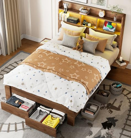 RAYROMAN Full Size Bed Frame with 2-Tier Storage Headboard, LED Lights, Charging Station, 2 Drawers, 800lbs Capacity, Wood & Metal Platform, Noise-Free, No Box Spring Needed, Barn Door Design RAYROMAN