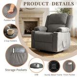 IKAKOS 360 Degree Swivel Rocker Recliner Chair with Heat and Massage, Soft Corduroy Manual Reclining Nursery Glider with USB Port, 2 Cup Holders & 4 Storage Pockets, 400lbs Capacity (Grey)