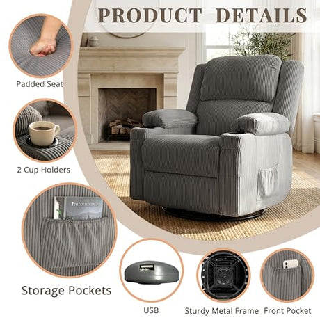 IKAKOS 360 Degree Swivel Rocker Recliner Chair with Heat and Massage, Soft Corduroy Manual Reclining Nursery Glider with USB Port, 2 Cup Holders & 4 Storage Pockets, 400lbs Capacity (Grey) IKAKOS