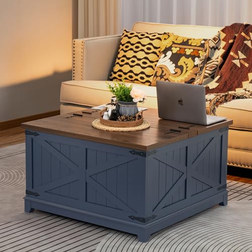 Joaxswe Farmhouse Coffee Table with Hidden Storage Organizer, Modern Square Large Center Table, Wood Farm House Low Navy Blue Living Room Tables with Hinged Lift Top for Home, Office - WoodArtSupply