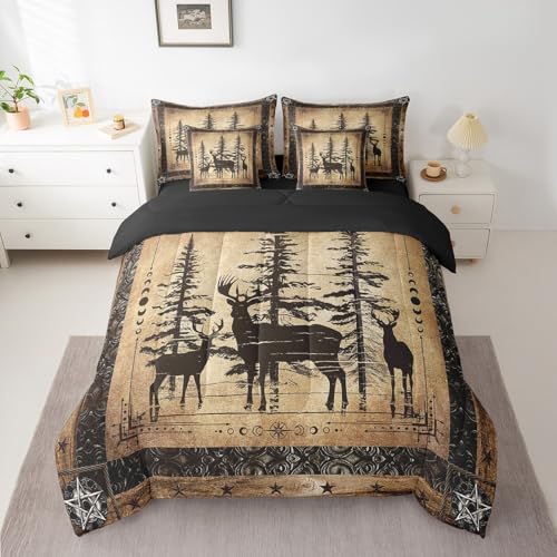 Erosebridal Rustic Deer Comforter Set 7 Piece Farmhouse Cabin Bed in A Bag King Western Woodland Wildlife Bedding Comforter Sets for Kids Boys Adults Men Black Retro Country Animal Bed Set Erosebridal