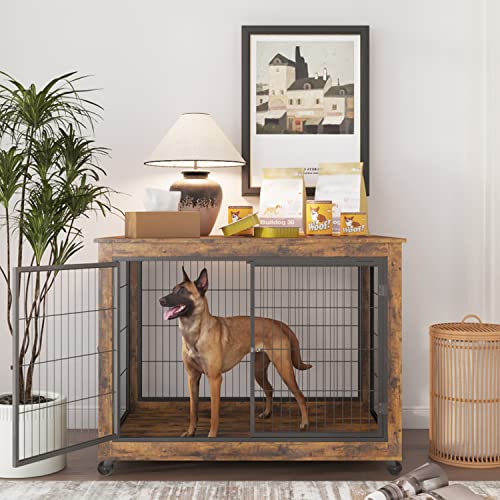 IchbinGo Dog Crate Furniture, Wooden Dog Crate Table, 43.7" Dog Kennel with 3 Doors, Flip-up Top Opening and Wheels, Decorative Pet Crate House for Large/Medium/Small Dog Indoor Use (Rustic Brown) IchbinGo