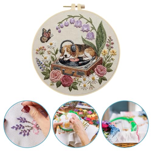 Needlework Embroidery Kit for Beginners,Dog and Record Player Pattern Handmade Cross Stitch Sewing Craft Kit,7.87 inch Hoop,Floss & Needles for Craft Lover Gifts 29 * 29cm