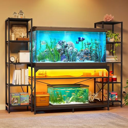 DWVO 55-75 Gallon Aquarium Stand with Power Outlets & LED Light, Display Stand for Turtle Tank, Reptile Terrarium, Heavy Duty Metal Fish Tank Stand Suitable for Living Room, Entryway, 860LBS  - WoodArtSupply