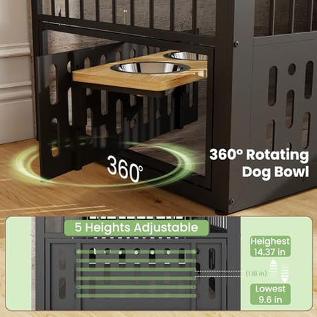 Yafylly 48 Inch XXL Dog Crate Furniture, Wooden Chewproof Dog Kennel with Interactive Window, 360° Adjustable Bowls (5 Heights), Storage Table Top, Heavy Duty XL Dog Crate for Medium Large Dogs, Gray Yafylly