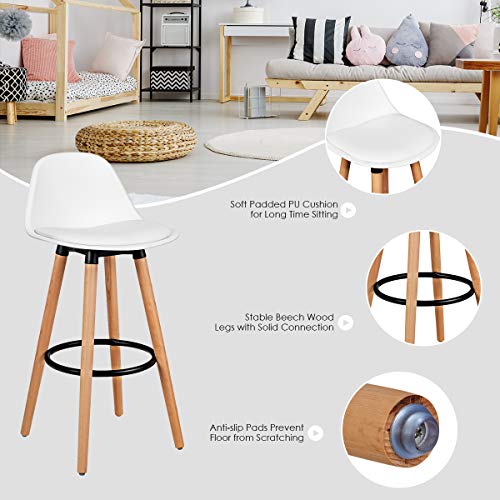 COSTWAY Bar Stools Set of 2, Modern Armless Kitchen Stool with Soft PU Leather Seat, Bar Height Stool with Round Metal Footrest & Comfortable Curved Backrest for Home, Dining Hall (White, 2) COSTWAY