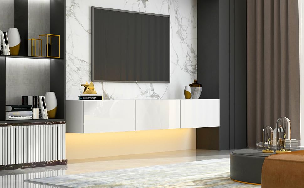 DMAITH Floating TV Stand with LED for 60 65 70in TV, Glossy Wall Mounted Modern Entertainment Center with 3 Drawers, White DMAITH