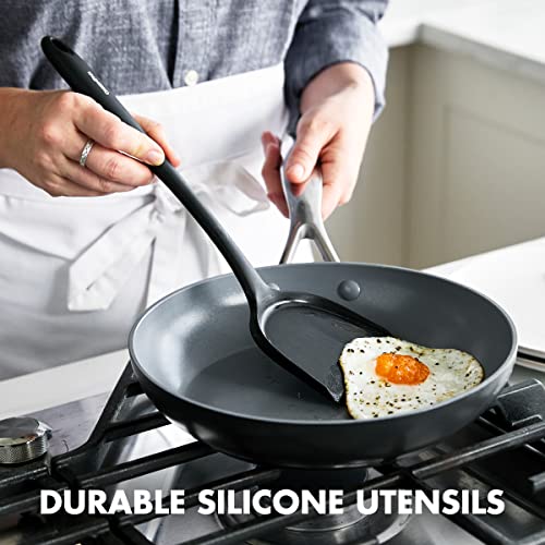 GreenPan 5 Piece Cooking Utensil Set, Flexible Nonstick Silicone, Stain-Free, Tongs, Turner, Spatula, Skimmer, and Slotted Spoon, Black GreenPan