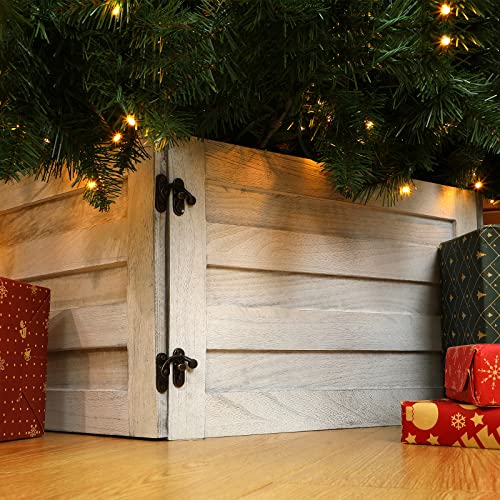 Wood Christmas Tree Collar Box Washed Tree Stand Cover Rustic Christmas Tree Box Skirt Farmhouse Christmas Tree Skirts Replacement Blocks for Christmas Tree Decorations, 22 x 12 Inch (White)