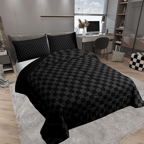 Manfei Black and Gray Checkered Kids Comforter Set,Geometric Plaids Grids Simple Bedding Set All Season,Abstract Checkerboard Buffalo Squares Comforter 2 Pcs with 1 Pillowcase,Twin Size Manfei
