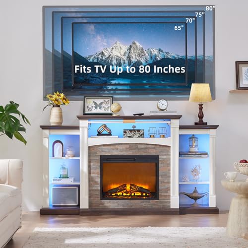 SAVOR LIFE Fireplace TV Stand for 80'' TV, 70" Electric Fireplace with Mantel, White Entertainment Center with Electric Fireplace & LED Lights, TV Console Fire Place TV Stands for Living Room SAVOR LIFE