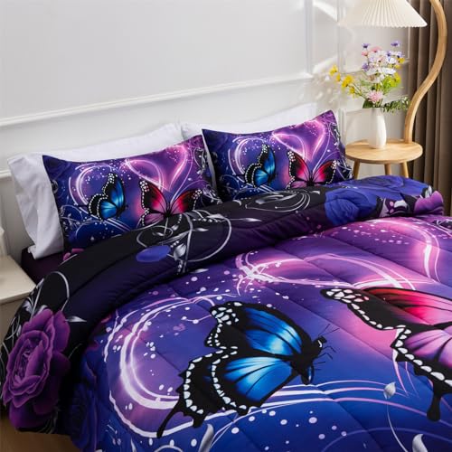 A Nice Night Galaxy 6pcs Bed in a Bag Purple and Blue Dreamy 3D Butterfly Printed, Butterflies Bedding Full Comforter Set, for Girls Kids Teens A Nice Night
