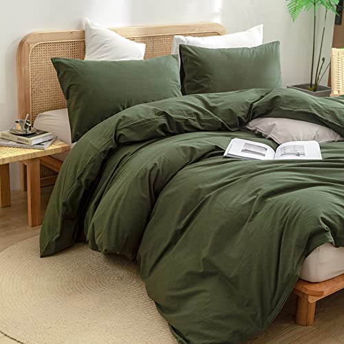 BESTOUCH Duvet Cover Set 100% Washed Cotton Linen Feel Super Soft Comfortable Chic Lightweight 3 PCs Home Bedding Set Olive Green King BESTOUCH