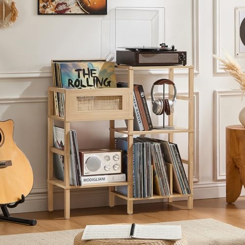 LELELINKY Record Player Stand, Natural Oak Wood Record Holder with Vinyl Storage Holds up to 300+ Albums, 3-Tier Rattan Media Table with Vinyl Display Shelf, Record Storage Cabinet for Living Room LELELINKY